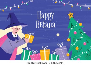 Buona Befana background. Translation: Happy Epiphany. witch flying on a broom. Cartoon Vector illustration for Poster, Banner, Greeting, Card, Post.