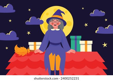 Buona Befana background. Translation: Happy Epiphany. witch flying on a broom. Cartoon Vector illustration for Poster, Banner, Greeting, Card, Post.