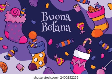 Buona Befana background. Translation: Happy Epiphany. witch flying on a broom. Cartoon Vector illustration for Poster, Banner, Greeting, Card, Post.