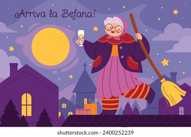 Buona Befana background. Translation: Happy Epiphany. witch flying on a broom. Cartoon Vector illustration for Poster, Banner, Greeting, Card, Post.