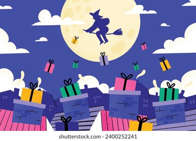 Buona Befana background. Translation: Happy Epiphany. witch flying on a broom. Cartoon Vector illustration for Poster, Banner, Greeting, Card, Post.