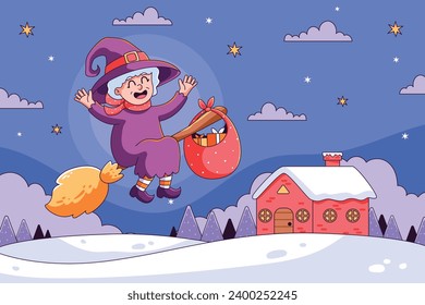 Buona Befana background. Translation: Happy Epiphany. witch flying on a broom. Cartoon Vector illustration for Poster, Banner, Greeting, Card, Post.