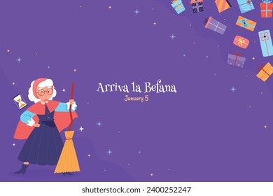 Buona Befana background. Translation: Happy Epiphany. witch flying on a broom. Cartoon Vector illustration for Poster, Banner, Greeting, Card, Post.