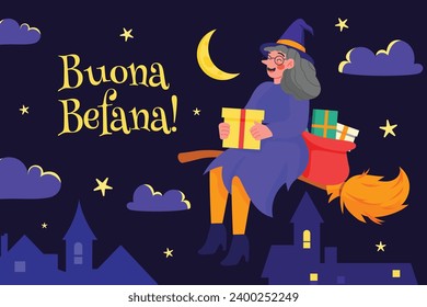 Buona Befana background. Translation: Happy Epiphany. witch flying on a broom. Cartoon Vector illustration for Poster, Banner, Greeting, Card, Post.