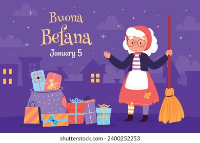 Buona Befana background. Translation: Happy Epiphany. witch flying on a broom. Cartoon Vector illustration for Poster, Banner, Greeting, Card, Post.