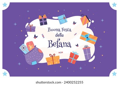 Buona Befana background. Translation: Happy Epiphany. witch flying on a broom. Cartoon Vector illustration for Poster, Banner, Greeting, Card, Post.