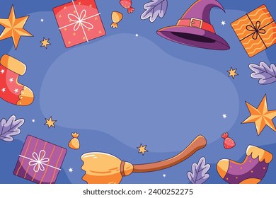 Buona Befana background. Translation: Happy Epiphany. witch flying on a broom. Cartoon Vector illustration for Poster, Banner, Greeting, Card, Post.