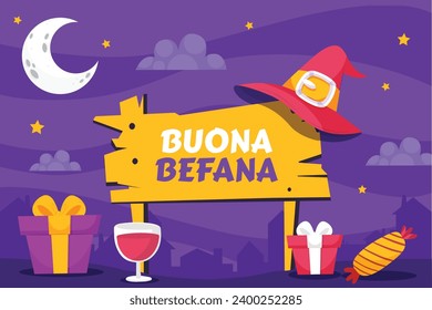 Buona Befana background. Translation: Happy Epiphany. witch flying on a broom. Cartoon Vector illustration for Poster, Banner, Greeting, Card, Post.