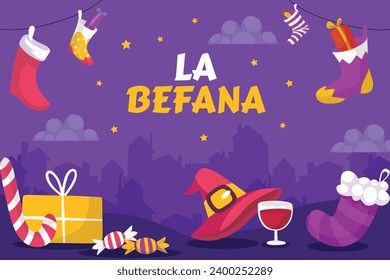 Buona Befana background. Translation: Happy Epiphany. witch flying on a broom. Cartoon Vector illustration for Poster, Banner, Greeting, Card, Post.