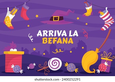 Buona Befana background. Translation: Happy Epiphany. witch flying on a broom. Cartoon Vector illustration for Poster, Banner, Greeting, Card, Post.