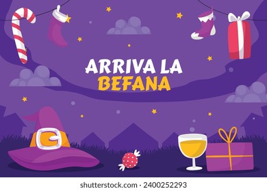 Buona Befana background. Translation: Happy Epiphany. witch flying on a broom. Cartoon Vector illustration for Poster, Banner, Greeting, Card, Post.