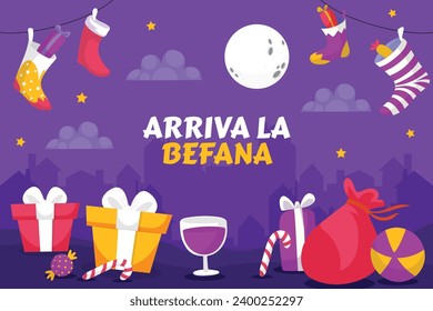 Buona Befana background. Translation: Happy Epiphany. witch flying on a broom. Cartoon Vector illustration for Poster, Banner, Greeting, Card, Post.