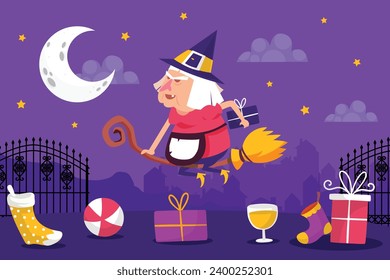 Buona Befana background. Translation: Happy Epiphany. witch flying on a broom. Cartoon Vector illustration for Poster, Banner, Greeting, Card, Post.