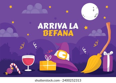 Buona Befana background. Translation: Happy Epiphany. witch flying on a broom. Cartoon Vector illustration for Poster, Banner, Greeting, Card, Post.