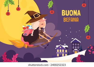 Buona Befana background. Translation: Happy Epiphany. witch flying on a broom. Cartoon Vector illustration for Poster, Banner, Greeting, Card, Post.