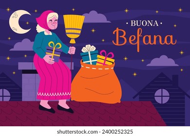 Buona Befana background. Translation: Happy Epiphany. witch flying on a broom. Cartoon Vector illustration for Poster, Banner, Greeting, Card, Post.