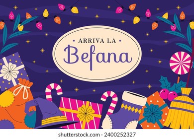 Buona Befana background. Translation: Happy Epiphany. witch flying on a broom. Cartoon Vector illustration for Poster, Banner, Greeting, Card, Post.