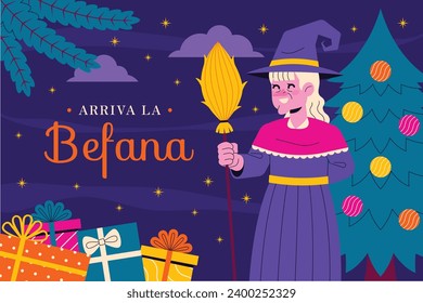 Buona Befana background. Translation: Happy Epiphany. witch flying on a broom. Cartoon Vector illustration for Poster, Banner, Greeting, Card, Post.