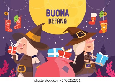 Buona Befana background. Translation: Happy Epiphany. witch flying on a broom. Cartoon Vector illustration for Poster, Banner, Greeting, Card, Post.