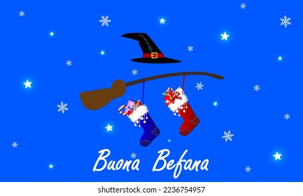 Buona Befana Epiphany mit Stockings Broom und Hexenhut, Vektorgrafik.