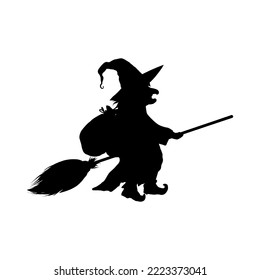 Buona Befana greeting card element, festa della Epiphany. Good witch with stocking full of gifts. Silhouette of witch on broomstick flying on full moon background.