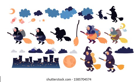 Buona Befana greeting card elements set with old witch flying on a broom in the night to bring presents. Hand drawn flat vector illustration. Phrase translation: Happy Epiphany