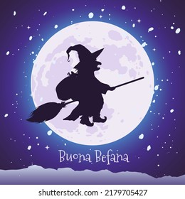 Buona Befana greeting card, festa della Epiphany. Good witch with stocking full of gifts. Cartoon character on broomstick flying on full moon background. Cartoon vector illustration