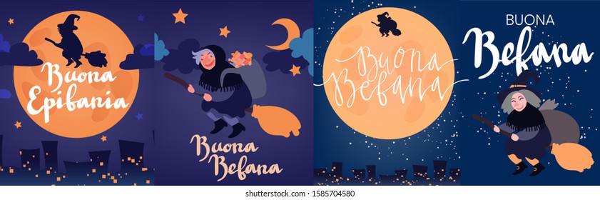 Buona Befana greeting card template set with handwritten lettering, old witch flying on a broom in the night to bring presents. Hand drawn flat vector illustration. Phrase translation: Happy Epiphany