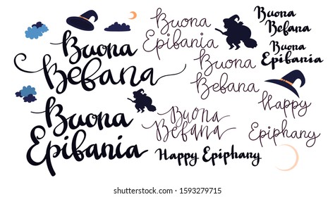 Buona Befana Happy Epifania greeting card template set with handwritten lettering, old witch flying on a broom in the night to bring presents. Vector illustration. Phrase translation: Happy Epiphany