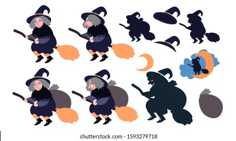 Buona Befana Happy Epiphany greeting card elements set with old witch flying on a broom in the night to bring presents. Hand drawn flat vector illustration.