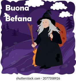 Buona Befana in Italian Merry Epiphany Christmas. Vector illustration