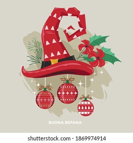 Buona Befana mean happy Epiphany Christmas Tradition in Italy. Vector illustration