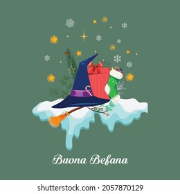 Buona Befana mean happy Epiphany Christmas Tradition in Italy. Vector illustration