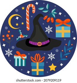 Buona Befana mean happy Epiphany Christmas Tradition in Italy Witch hat and Christmas accessories template for your design. Vector illustration