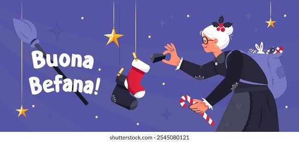 Buona Befana! Texto significa Feliz Befana. A bruxa velha italiana enche as meias de Natal com um pedaço de carvão. Véspera da festa da Epifania.