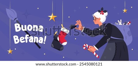 Buona Befana! Text means Happy Befana. Italian old witch fill christmas socks with lump of coal. Eve of the feast of the Epiphany.