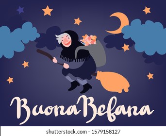 Buona Befana (translation: Happy Epiphany) greeting card template with handwritten lettering, old witch flying on a broom in the night to bring presents. Hand drawn flat vector illustration.