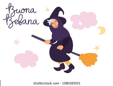 Buona Befana (translation: Happy Epiphany) greeting card template with handwritten lettering, old witch flying on a broom in the night to bring presents. Hand drawn flat vector illustration.