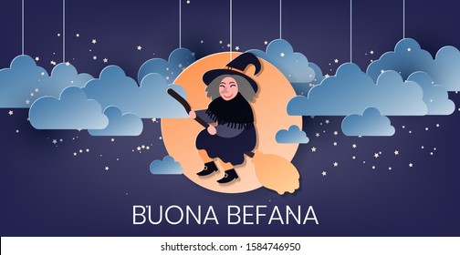 Buona Befana (translation: Happy Epiphany) greeting card template with handwritten lettering, old witch flying on a broom in the night to bring presents. Hand drawn flat vector illustration.