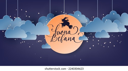 Buona Befana translation Happy Epiphany card for Italian holidays. Handwritten lettering, old witch flying on a broom in the night to bring presents. Hand drawn flat vector illustration.