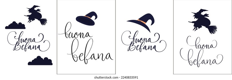 Buona Befana translation Happy Epiphany card for Italian holidays. Handwritten lettering, old witch flying on a broom in the night to bring presents. Hand drawn flat vector illustration.