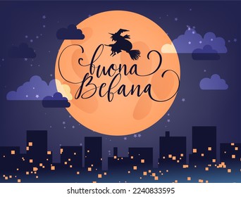 Buona Befana translation Happy Epiphany card for Italian holidays. Handwritten lettering, old witch flying on a broom in the night to bring presents. Hand drawn flat vector illustration.