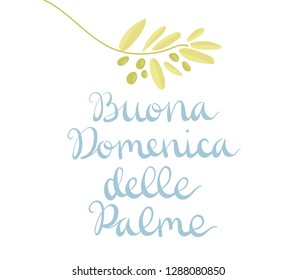 Buona Domenica delle Palme - Happy Palm Sunday - celebration card with handwritten lettering and olive branch. Hand drawn vector in mimal style.