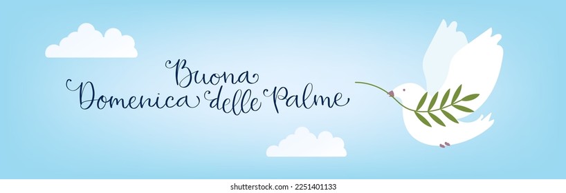 Traducción de Buona Domenica delle Palme de italiano Happy Palm Sunday. Grabación caligráfica manuscrita, ilustración vectorial de paloma blanca con rama de olivo. Plantilla de banner.