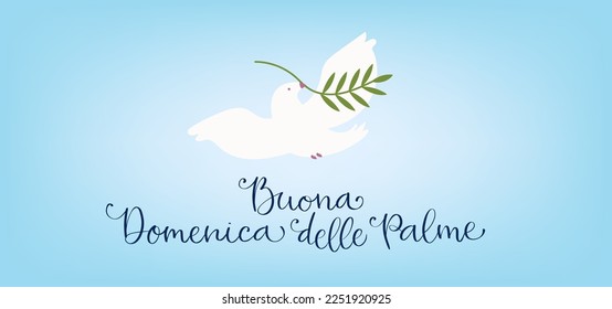 Buona Domenica delle Palme translation from italian Happy Palm Sunday. Handwritten calligraphy lettering, white dove carrying olive branch vector illustration. Banner template.