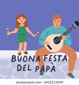 Buona Festa Del Papa, Feliz Día del Padre en postal en lengua italiana. Ilustración vectorial dibujada a mano, niño con el padre cantando, bailando, saludo musical. Diseño del día de los padres, postal, elemento de Anuncio