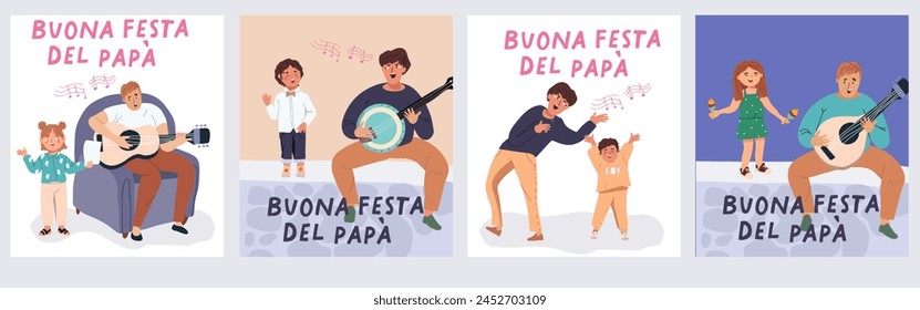 Buona Festa Del Papa, Feliz Día de los Padres en el set de postales en italiano. Ilustración vectorial dibujada a mano, niño con el padre cantando, bailando, saludo musical. 