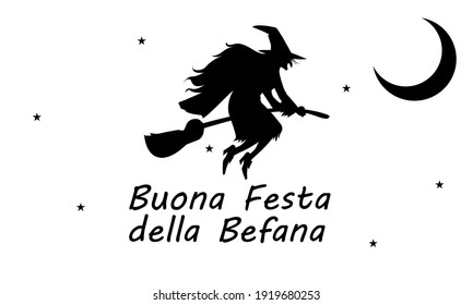 Buona Festa della Befana with flying witch, vector art illustration. Buona Festa della Befana - Happy Feast of the Befana.