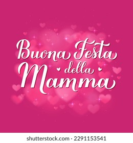 Buona festa della Mamma calligraphy hand lettering on pink bokeh background. Happy Mothers Day in Italian. Vector template for typography poster, greeting card, banner, invitation, etc.