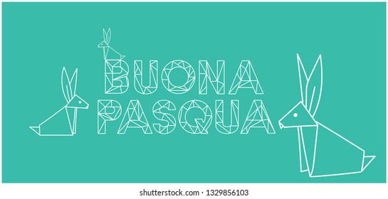 Buona Pasqua -Happy Easter hand drawn lettering with bunnies, written in Italian, on turquoise background. Flat vector illustration for cards, greetings, invitations, Easter design and decoration, web